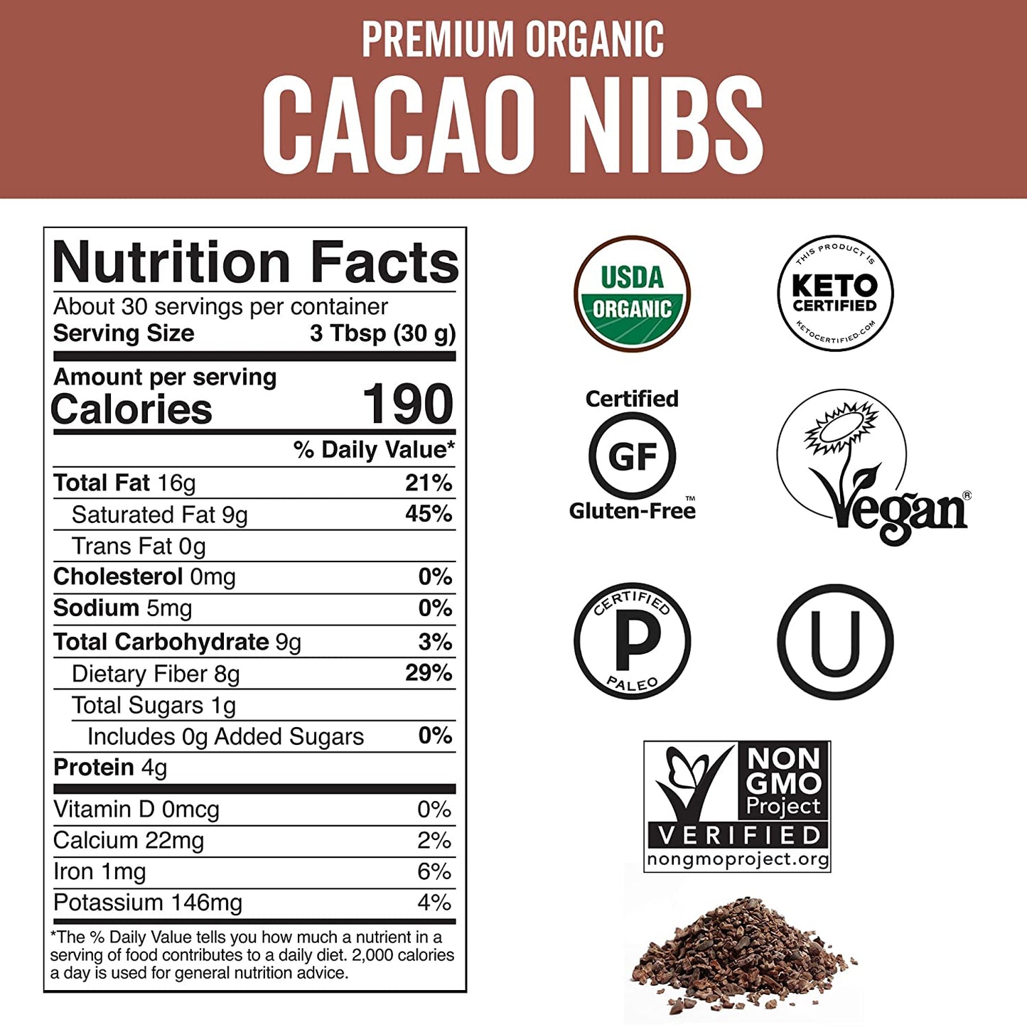 Viva Naturals Organic Cacao Nibs, 2 Lb Bag (907G) - Keto Friendly and Vegan Unsweetened Chocolate Chip Substitute, Perfect for Gluten Free Baking, Cacao Nib Smoothies and More, Non-Gmo and Gluten Free