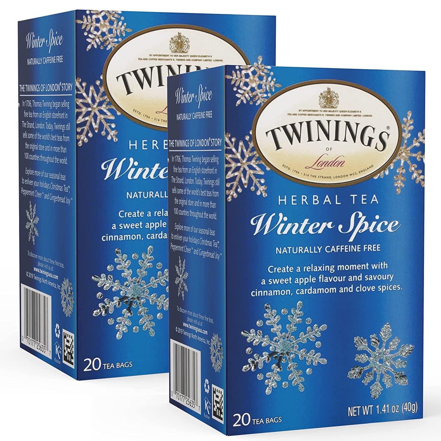 Twinings Tea Winter Spice Herbal Tea, Floral Chamomile Tea with Cinnamon Apple Spice & Sweet Cardamom, Caffeine Free, Soothing Hot Tea, Iced Tea or Cold Brew Beverage, 2 Pack - 20 Tea Bags per Box