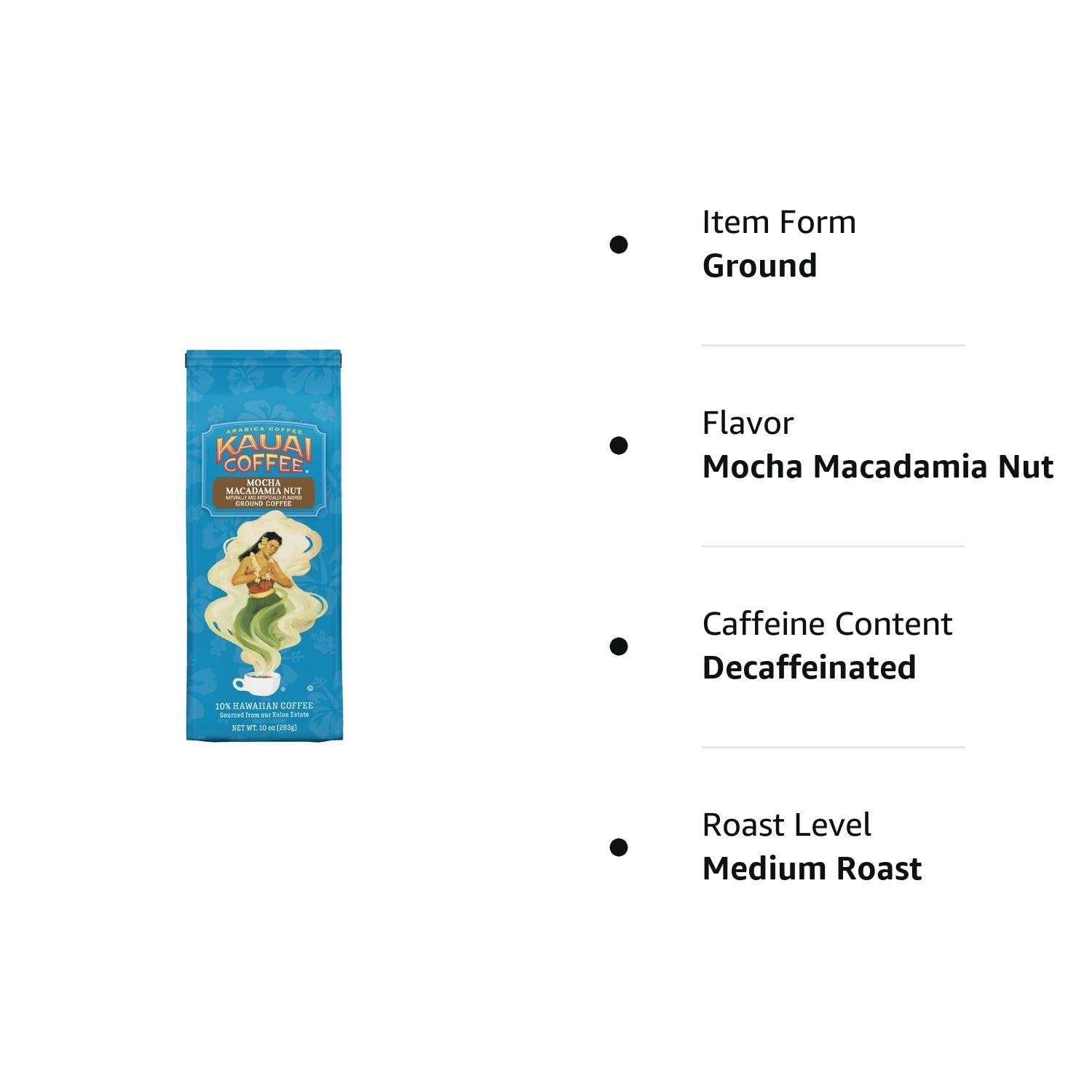 Kauai Hawaiian Ground Coffee, Mocha Macadamia Nut Flavor - Gourmet Arabica Coffee from Hawaii'S Largest Coffee Grower - Rich Flavor with Nutty Notes and Sweet Chocolate Overtones - 10 Ounce