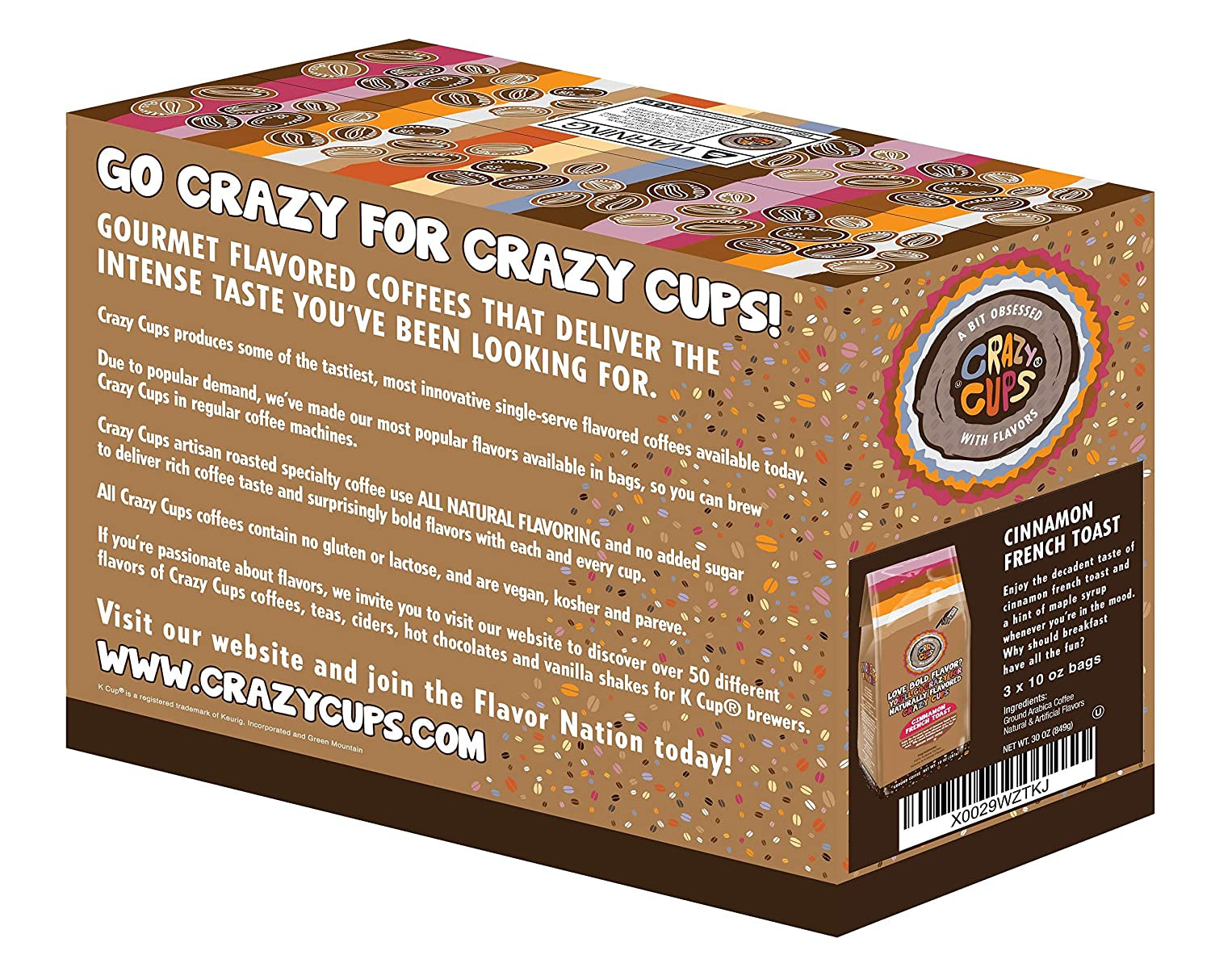 Crazy Cups Flavored Ground Coffee, Cinnamon French Toast, in 10 Oz Bag, for Brewing Flavored Hot or Iced Coffee