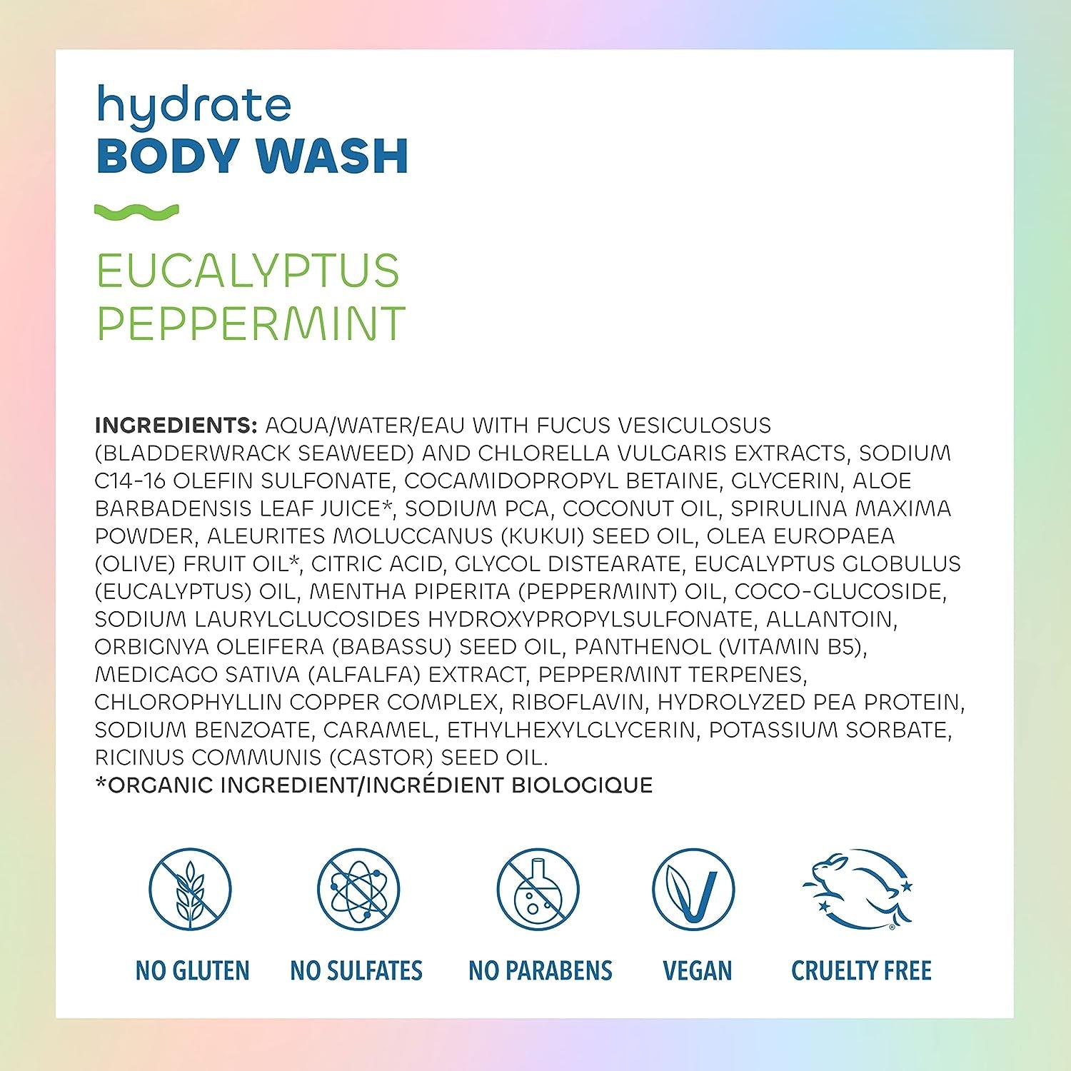 . Hydrate Body Wash, Eucalyptus Peppermint Scent, 12 Ounce, Sustainably Harvested Seaweed, Blue Green Algae, Kukui and Coconut Oils (Packaging May Vary)