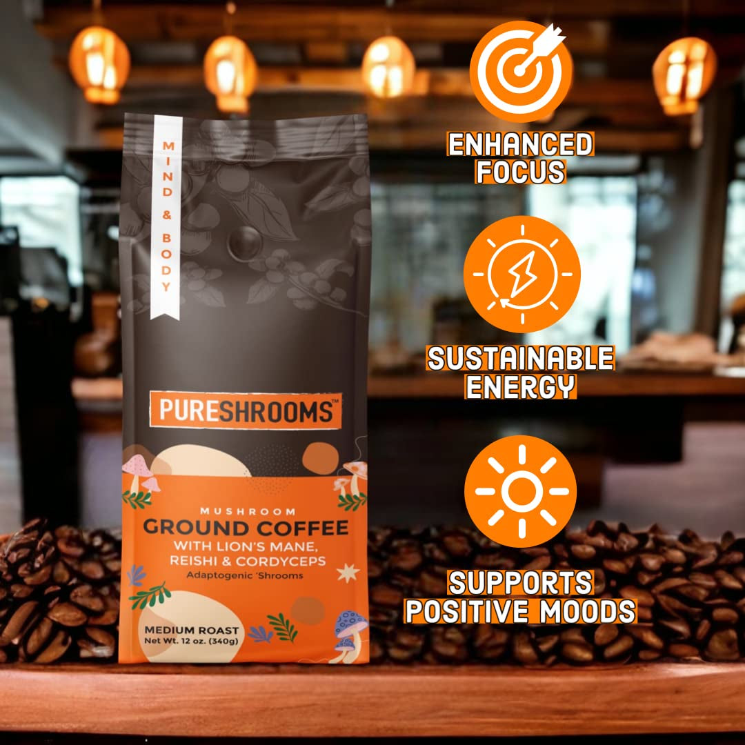 Pureshrooms Premium Fresh Mushroom Ground Coffee - Mind & Body 