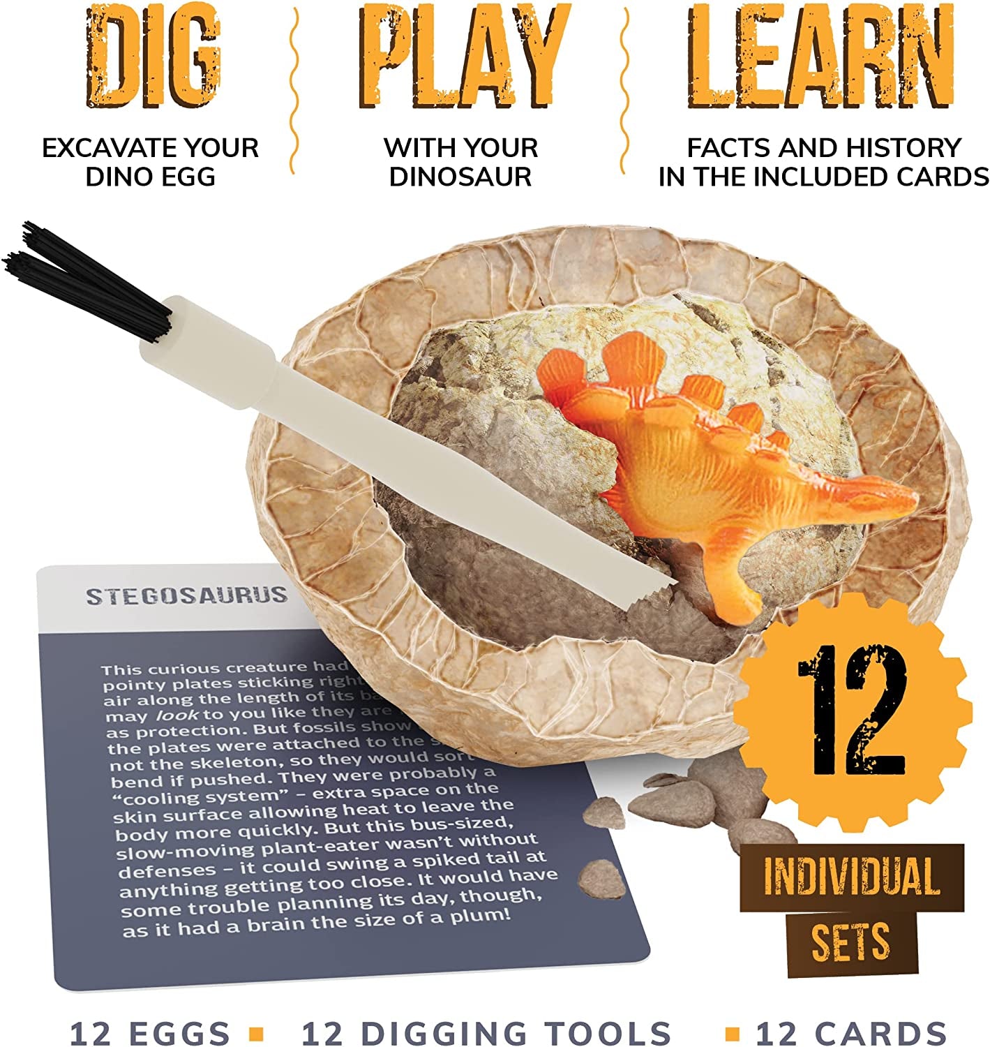 Dig a Dozen Dino Eggs Kit - Break Open 12 Unique Dinosaur Eggs and Discover 12 Cute Dinosaurs - Easter Archaeology Science STEM Gift (Dinosaurs)