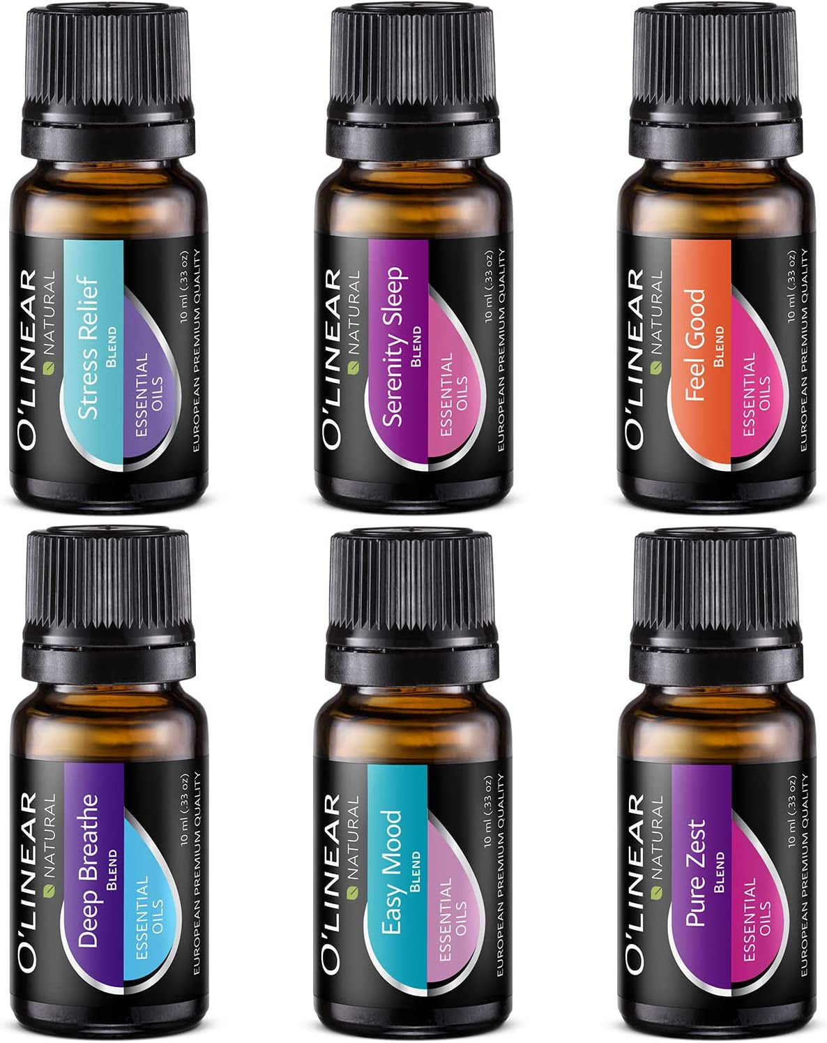 O'Linear Top 6 Blends Essential Oils Set - Aromatherapy Diffuser Blends Oils for Sleep, Mood, Breathe, Temptation, Feel Good, Stress Relief