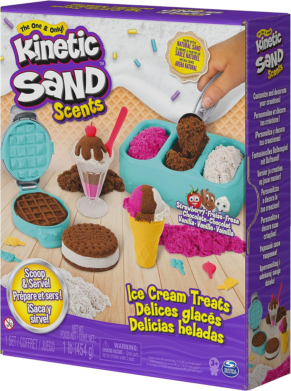 Kinetic Sand Scents, Ice Cream Treats Playset with 3 Colors of All-Natural Scented Play Sand & 6 Serving Tools, Sensory Toys, Christmas Gifts for Kids