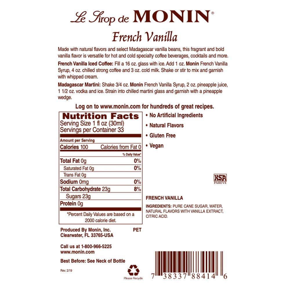 Monin - French Vanilla Syrup, Boxed, Versatile Flavor, Natural Flavors, Great for Coffees, Cocktails, Shakes, and Kids Drinks, Non-Gmo, Gluten-Free (1 Liter)