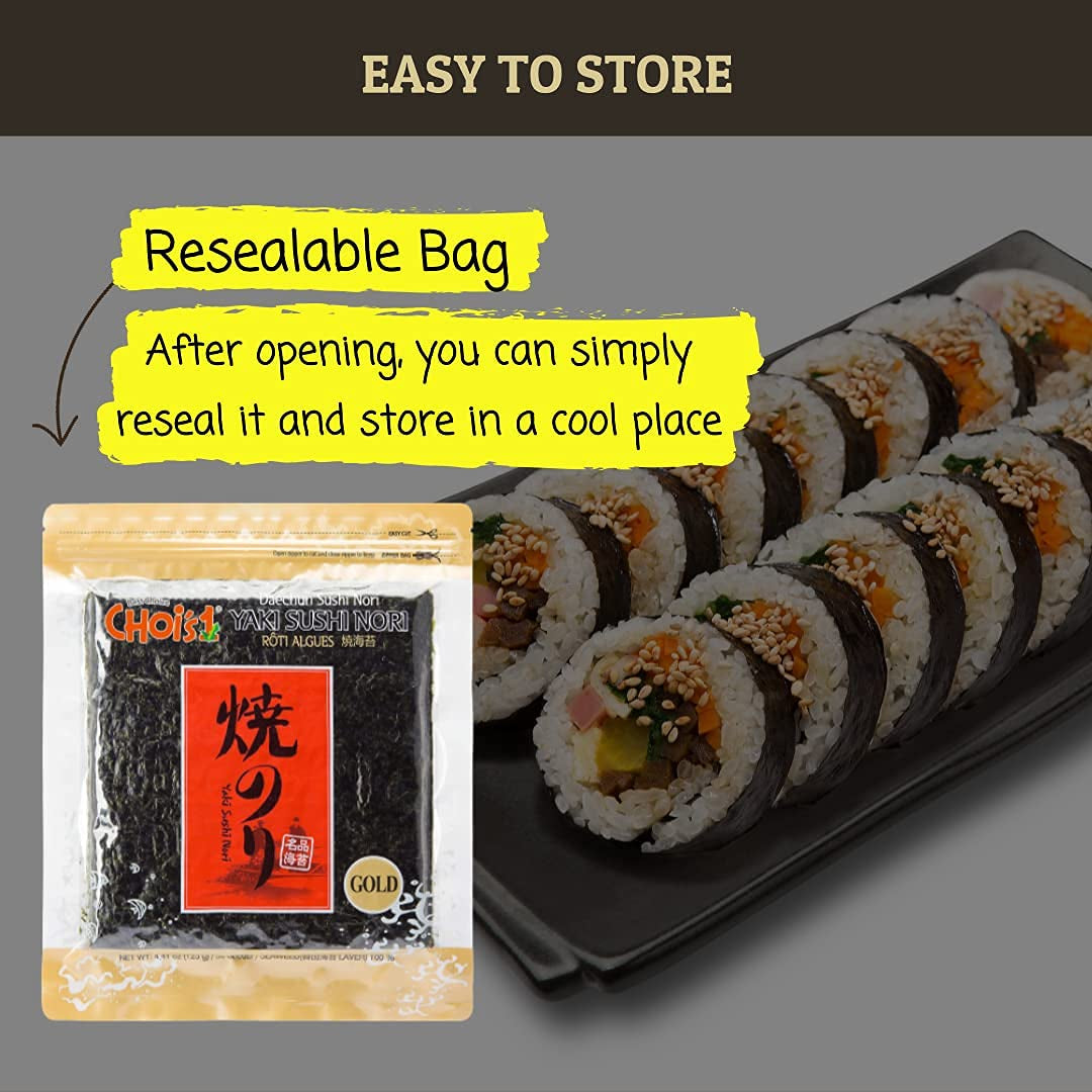 Daechun Sushi Nori (50 Full Sheets), Resealable, Gold Grade, Product of Korea