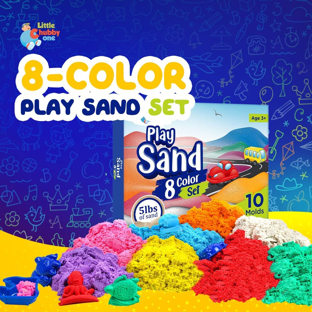 LITTLE CHUBBY ONE 8 Color Kids Play Sand Set - 5 Lbs of Sand - Toy Magic Sand Set - 10 Molds and Tray for Girls and Boys - Ideas for Children Activities Age 2 3 4 5 6 7 8 9 10