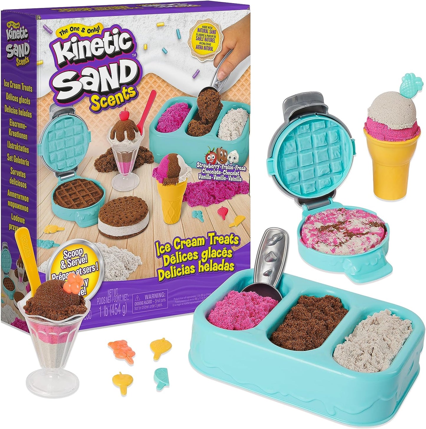 Kinetic Sand Scents, Ice Cream Treats Playset with 3 Colors of All-Natural Scented Play Sand & 6 Serving Tools, Sensory Toys, Christmas Gifts for Kids