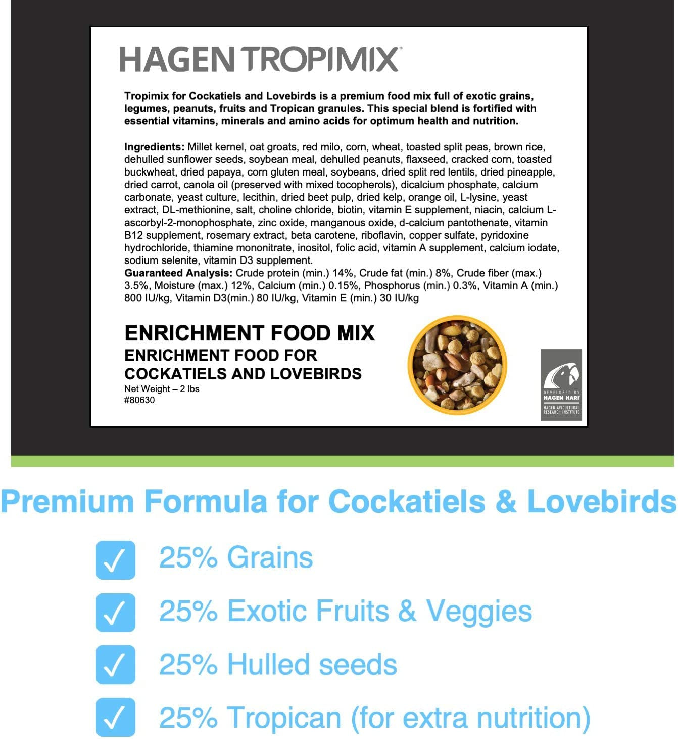 Hari Hagen Tropimix Enrichment Food for Cockatiels & Lovebirds, 2 Lb. - HARI Parrot Food with Seeds, Fruit, Nuts, Vegetables, Grains, and Legumes