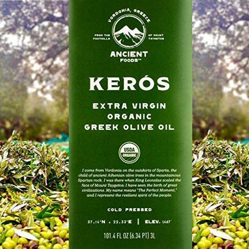 Ancient Foods Keros Greek Organic Extra Virgin Olive Oil – Cold Pressed Olive Oil from Greece, High Phenolic Organic Olive Oil from 1000 Year Old Trees, New Harvest for 2023 (101Oz, 3L)