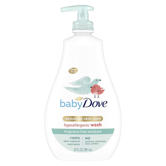 Baby Dove Sensitive Skin Care Baby Wash for Baby Bath Time Fragrance Free Moisture Fragrance Free and Hypoallergenic, Washes Away Bacteria 20 Oz