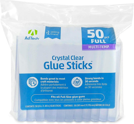 Adtech Crystal Clear Hot Glue Gun Sticks (W220-14ZIP50) – Full Size Hot Glue Sticks. All-Purpose Glue Sticks for Crafting, Scrapbooking & More. 50 Pieces. Length: 4” Diameter: .44”.