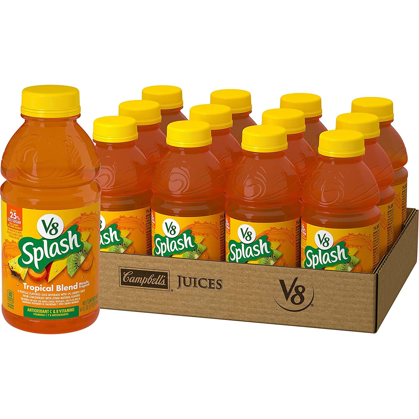 V8 Splash Tropical Fruit Blend Flavored Juice Beverage, 16 FL OZ Bottle (Pack of 12)