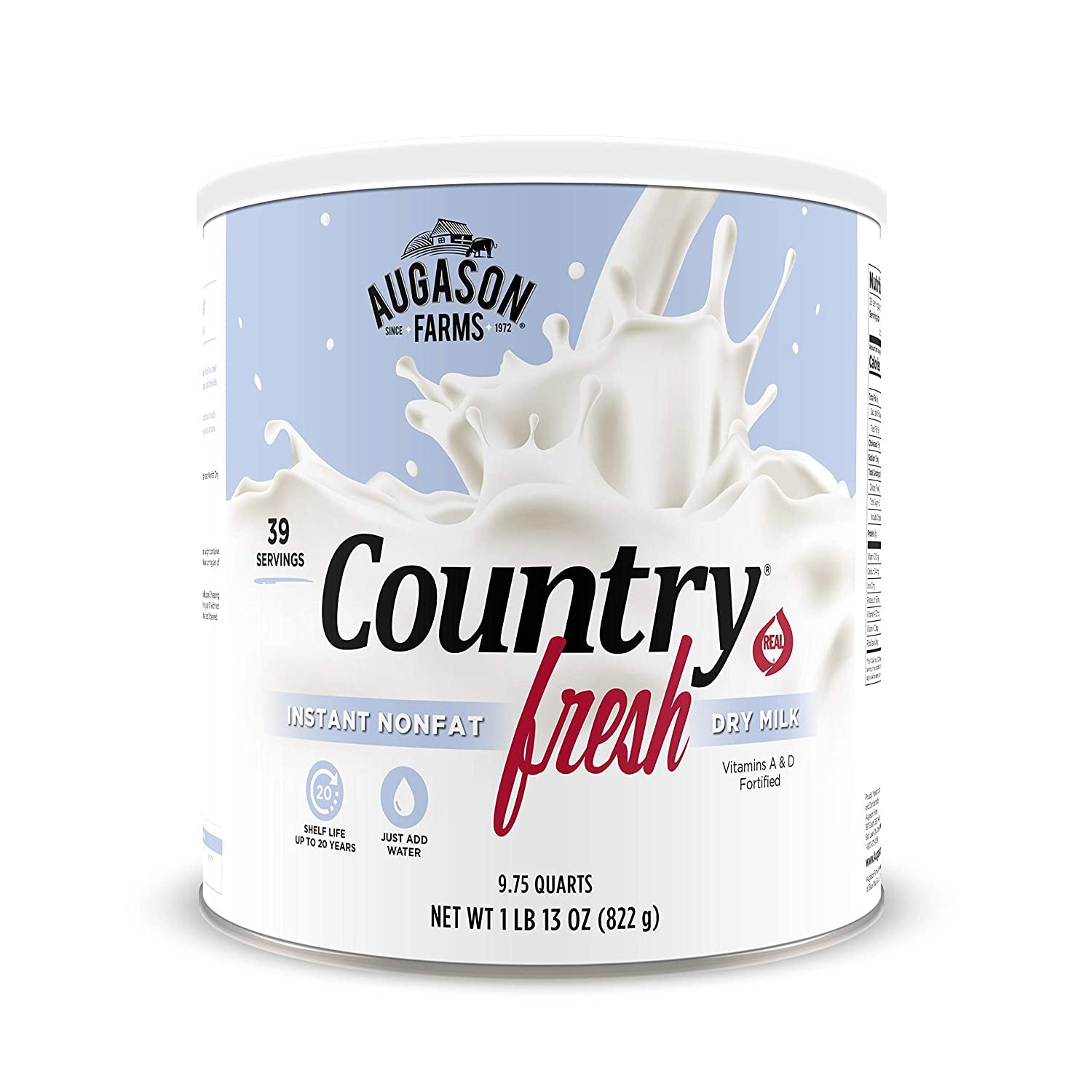 Augason Farms 5-90620 Country Fresh 100% Real Instant Nonfat Dry Milk, 1 Lb, 13 Oz.