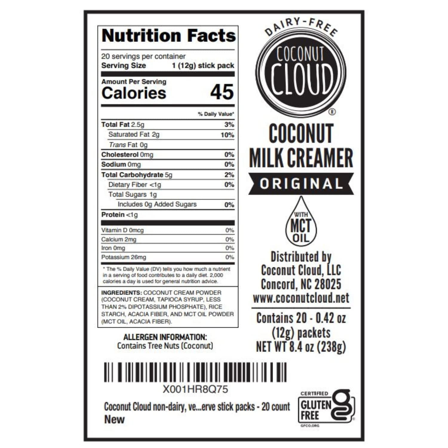 Coconut Cloud: Dairy-Free Coffee Creamer | Minimally Processed, Shelf Stable. Made from Coconut Powdered Milk. | Vegan, Gluten Free, Non-Gmo. (Home, Office, Travel), Creamers (Original - 20 Sticks)