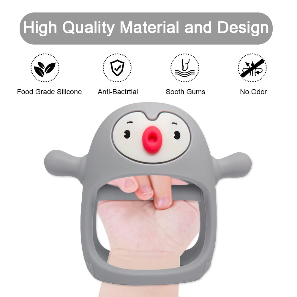 Smily Mia Penguin Baby Teething Toys for 3-6Months, Infant Handheld Pacifiers 0-6Months, 3Months Old Baby Must Haves, 4Months Old Toys for Babies, Light Grey…