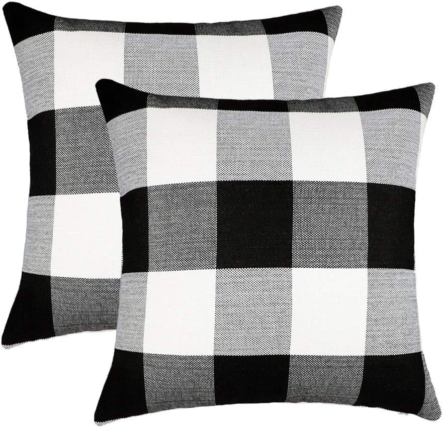 4TH Emotion Set of 2 Farmhouse Buffalo Check Plaid Throw Pillow Covers Cushion Case Polyester Linen for Fall Home Decor Black and White, 16 X 16 Inches