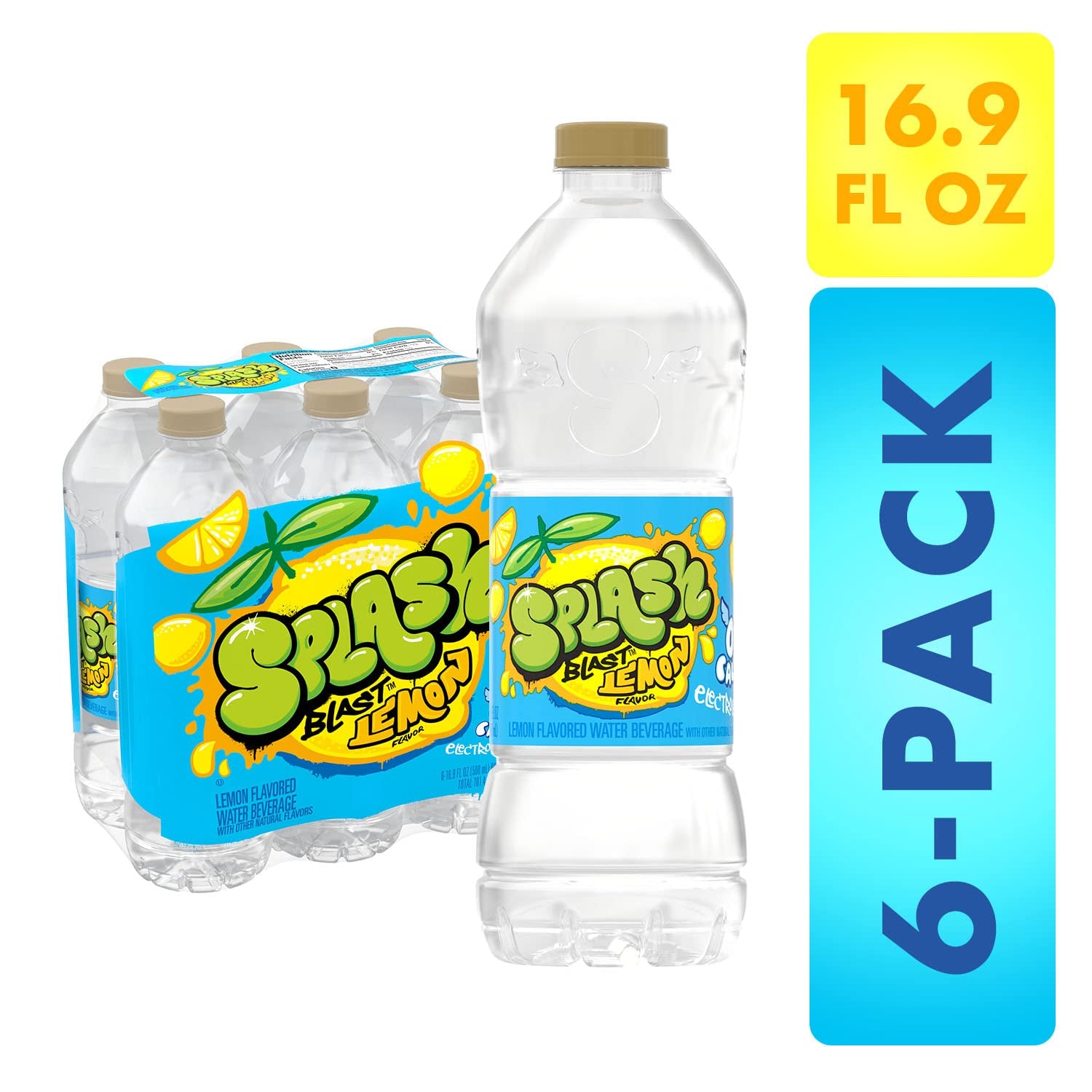 Splash Blast, Flavored Water Beverage, Lemon Flavor, 16.9 Fl Oz Plastic Bottles, 6 Pack