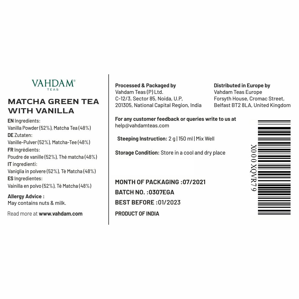 Vanilla Matcha Green Tea Powder, 1.76Oz (25 Cups) Superfood Blend, Japanese Matcha Powder with Pure Vanilla