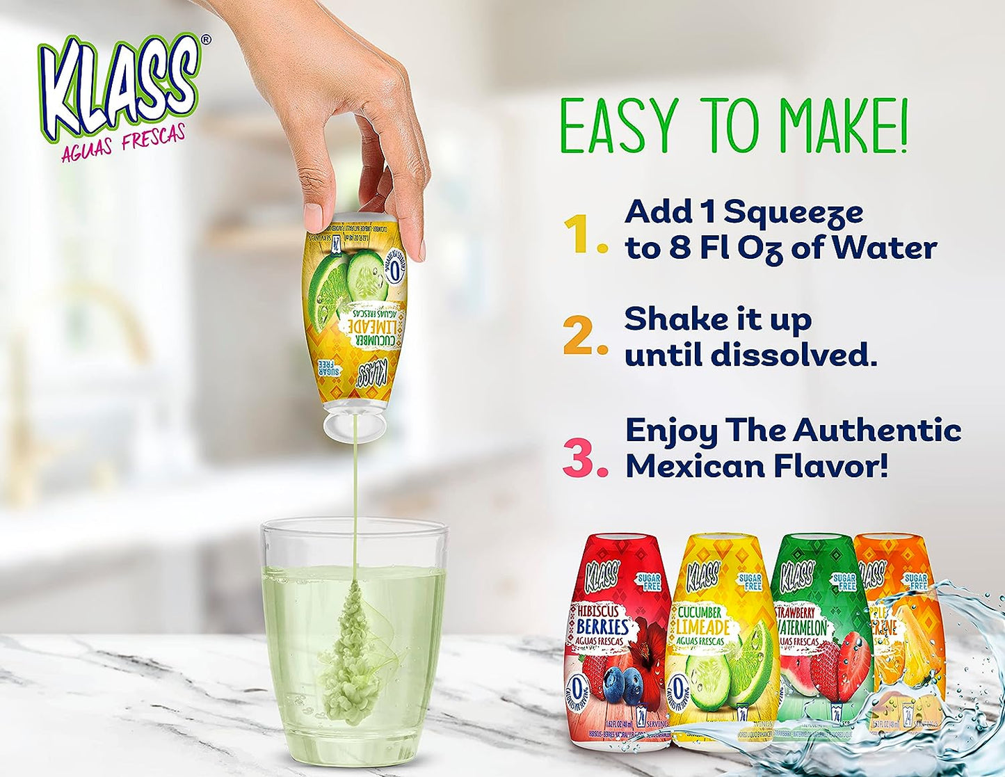 Klass Aguas Frescas Liquid Water Enhancer Sugar-Free Naturally Flavored Cucumber-Limeade Keto Friendly|1.62 Oz Pack of 4 (Makes 24 Servings Each) 0 Calories per Serving