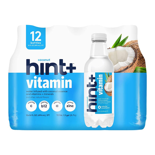 Hint+ Vitamin Coconut, 16 Fl Oz (Pack of 12), Pure Water Infused with Coconut plus a Vitamin Boost, 50% Daily Value Vitamin C, Vitamin A, B12, Zinc, Zero Sugar, Zero Calories, Zero Diet Sweeteners