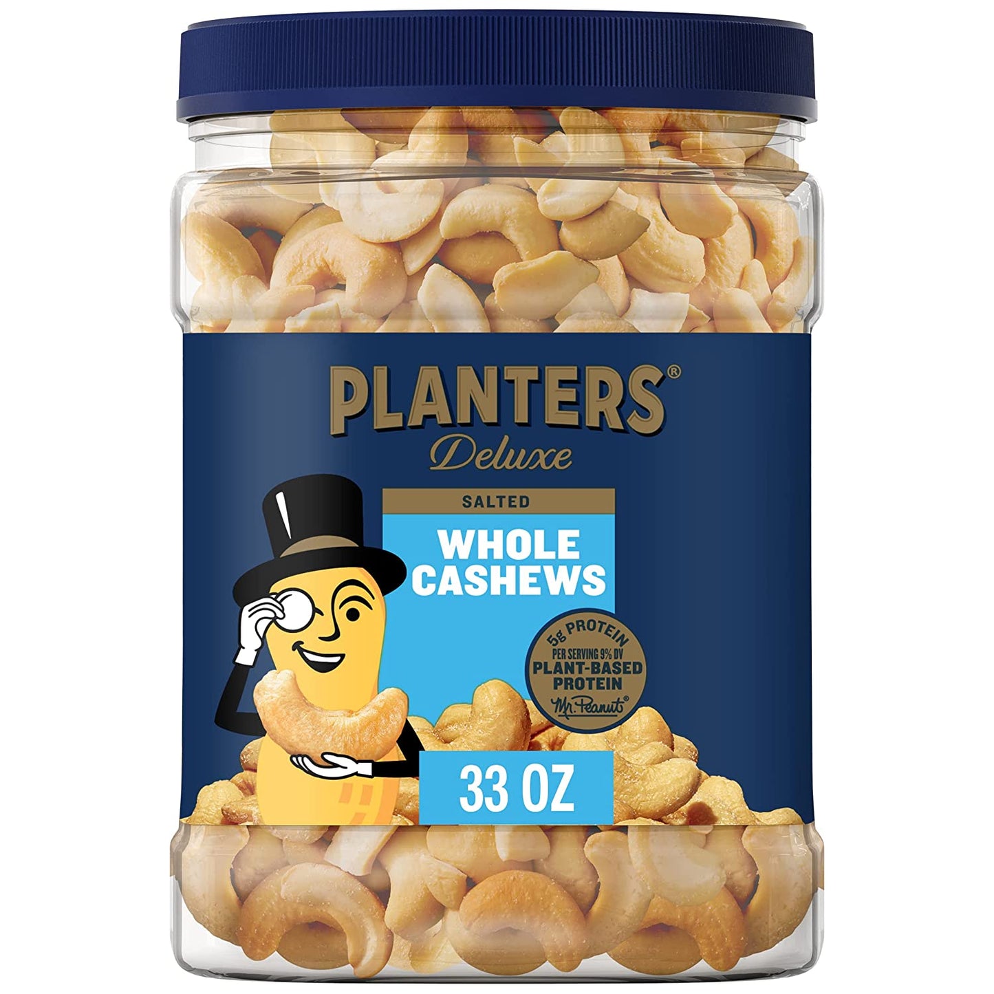 PLANTERS Deluxe Salted Whole Cashews, Party Snacks, Plant-Based Protein 33Oz (1 Container)