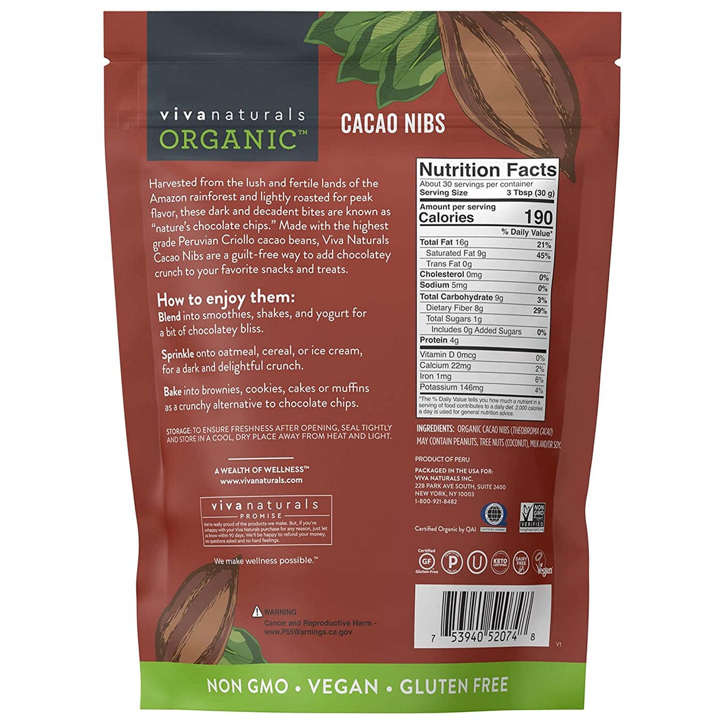 Viva Naturals Organic Cacao Nibs, 2 Lb Bag (907G) - Keto Friendly and Vegan Unsweetened Chocolate Chip Substitute, Perfect for Gluten Free Baking, Cacao Nib Smoothies and More, Non-Gmo and Gluten Free