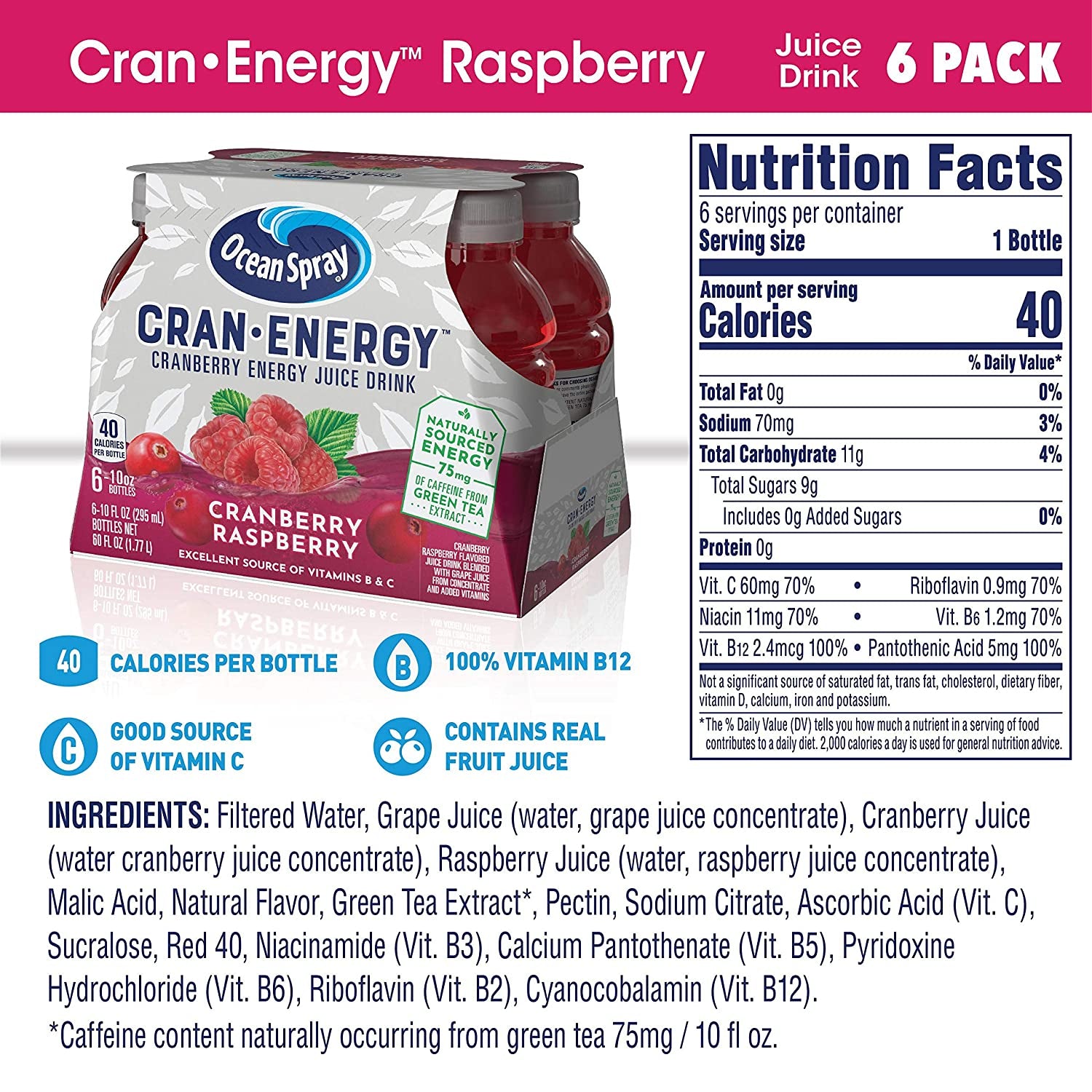 Ocean Spray Cran-Energy, Cranberry Raspberry Energy Juice Drink, 10 Ounce Bottles, 6 Count