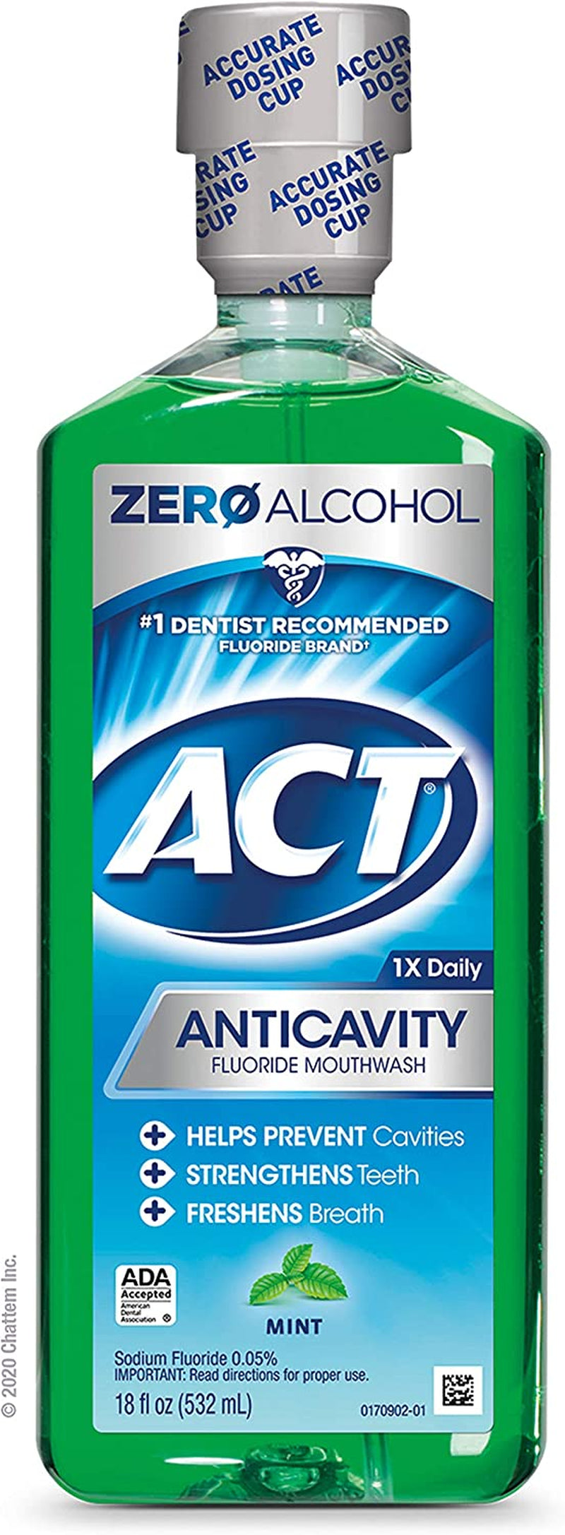 ACT Anticavity Zero Alcohol Fluoride Mouthwash 18 Fl. Oz., with Accurate Dosing Cup, Mint