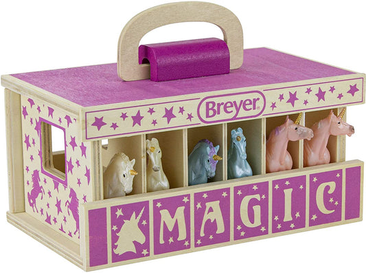 Breyer Horses Unicorn Magic Wooden Stable Playset with 6 Unicorns | 6 Piece | 6 Stablemates Unicorns Included | 6” H X 9” L X 2.5” D | 1:32 Scale | Model #59218, Multicolor