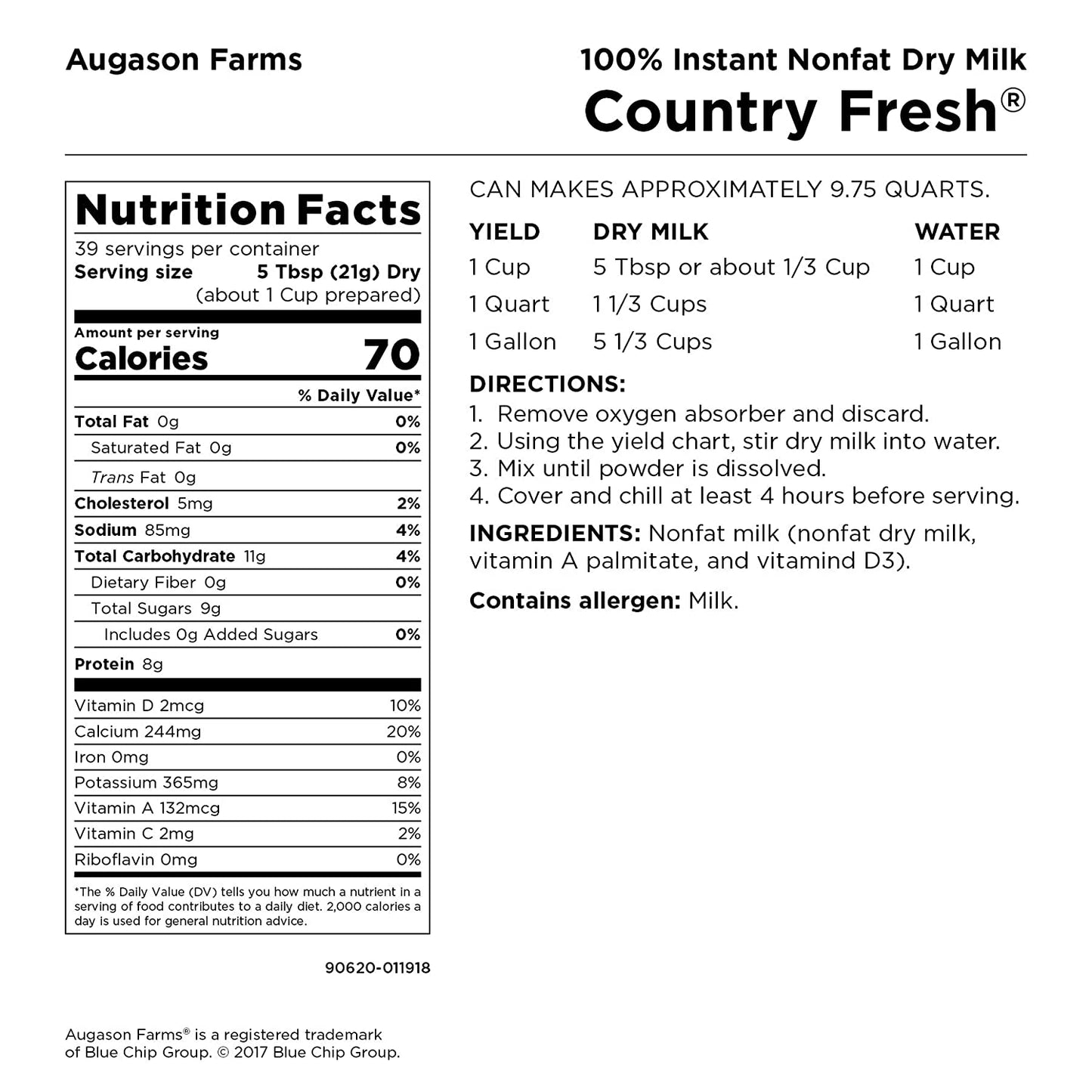 Augason Farms 5-90620 Country Fresh 100% Real Instant Nonfat Dry Milk, 1 Lb, 13 Oz.