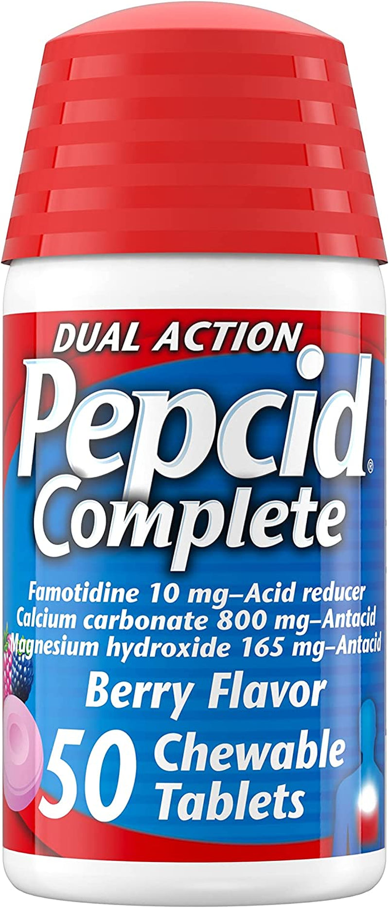 Pepcid Complete Acid Reducer + Antacid Chewable Tablets, Heartburn Relief, Berry, 50 Count