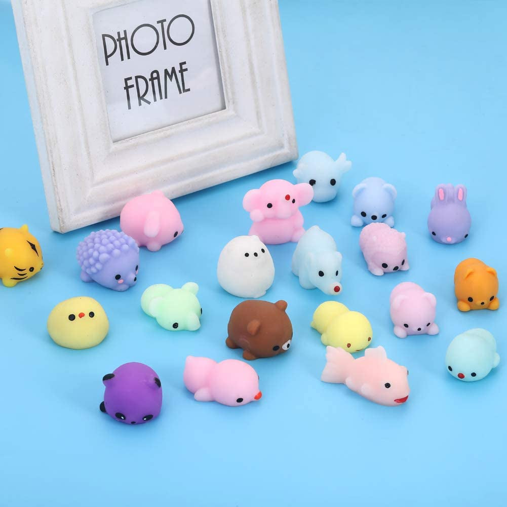 KINGYAO Squishies Squishy Toy 24Pcs Party Favors for Kids Mochi Squishy Toy Moji Kids Mini Kawaii Squishies Mochi Stress Reliever Anxiety Toys Easter Basket Stuffers Fillers with Storage Box