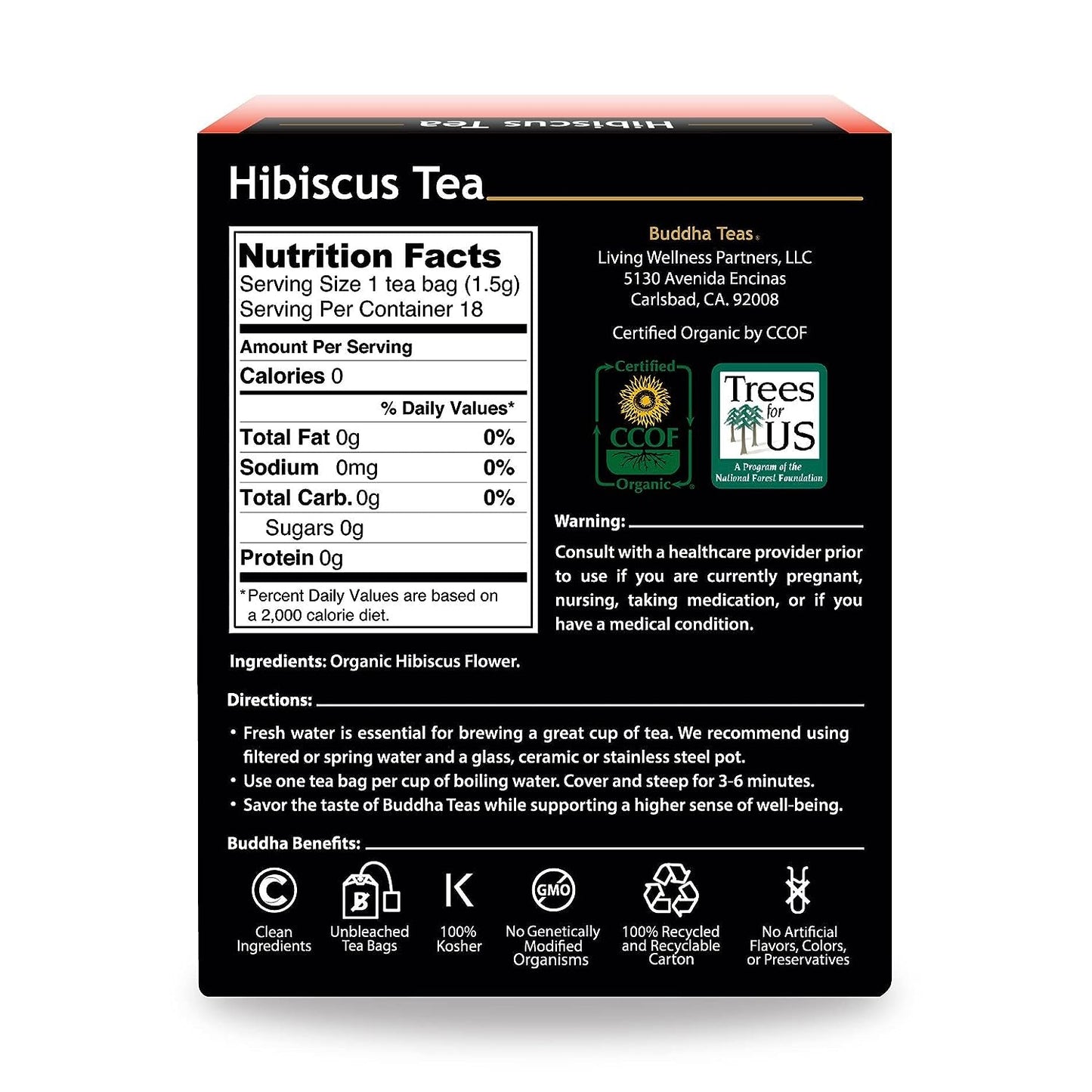 Buddha Teas Organic Hibiscus Tea - OU Kosher, USDA Organic, CCOF Organic, 18 Bleach-Free Tea Bags