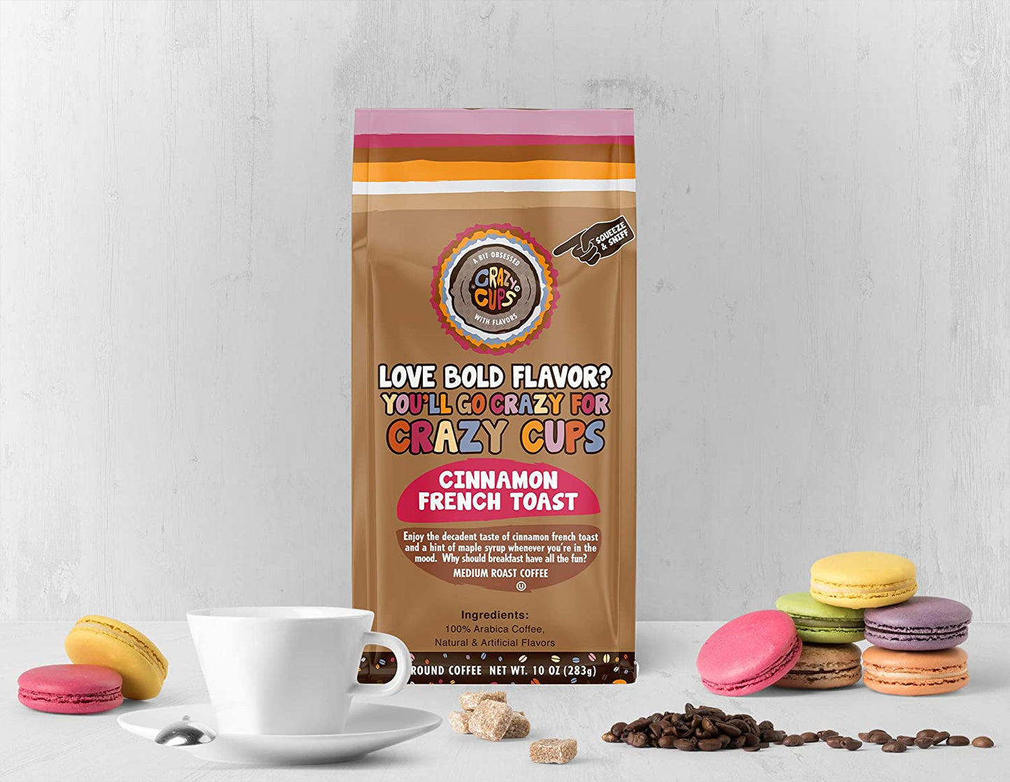 Crazy Cups Flavored Ground Coffee, Cinnamon French Toast, in 10 Oz Bag, for Brewing Flavored Hot or Iced Coffee