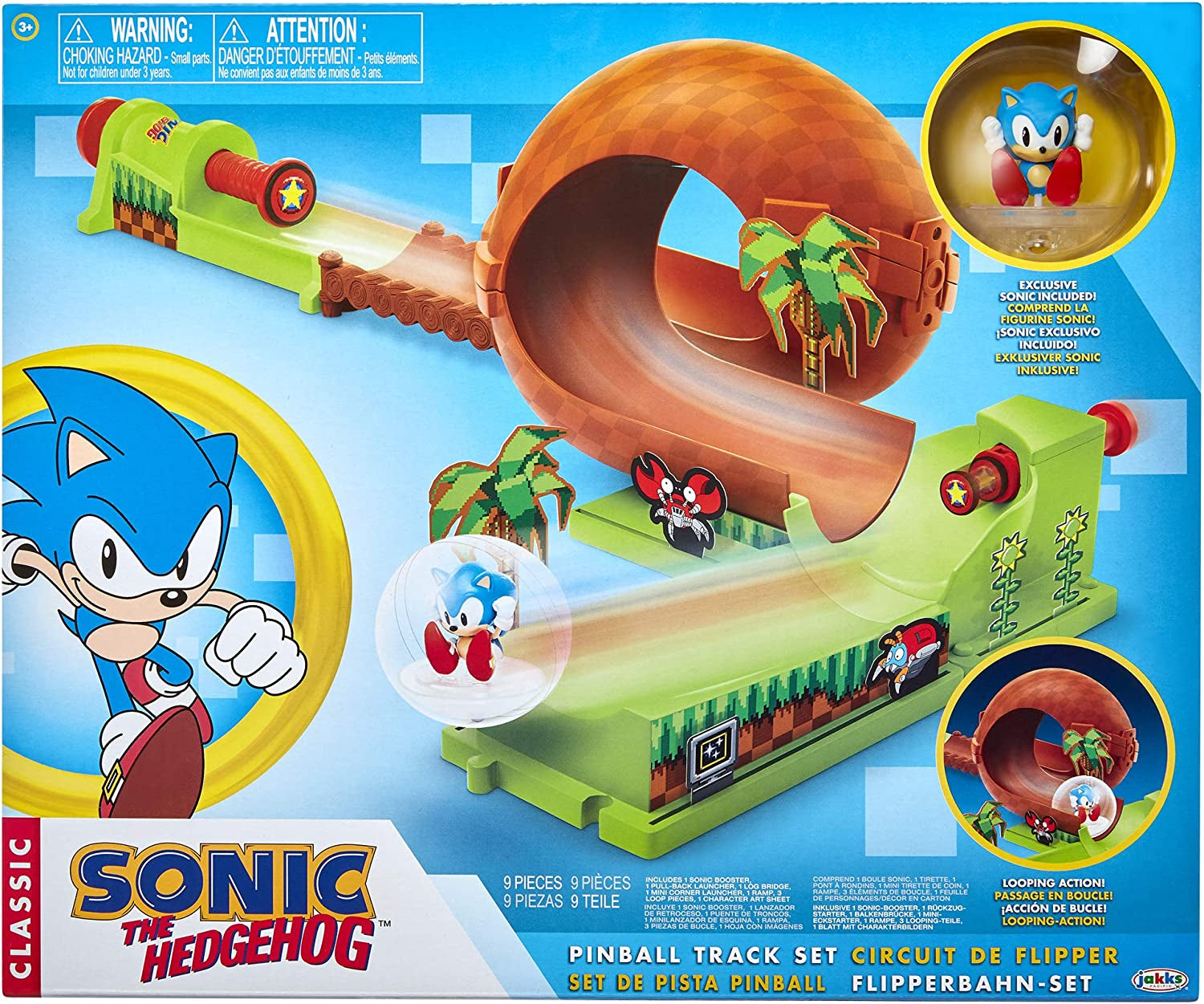 Sonic the Hedgehog Pinball Green Hill Zone , Track Play Set, 9 Piece, with Looping Action & Automatic Bumper Exclusive Sonic Sphere Included, for Ages 3+