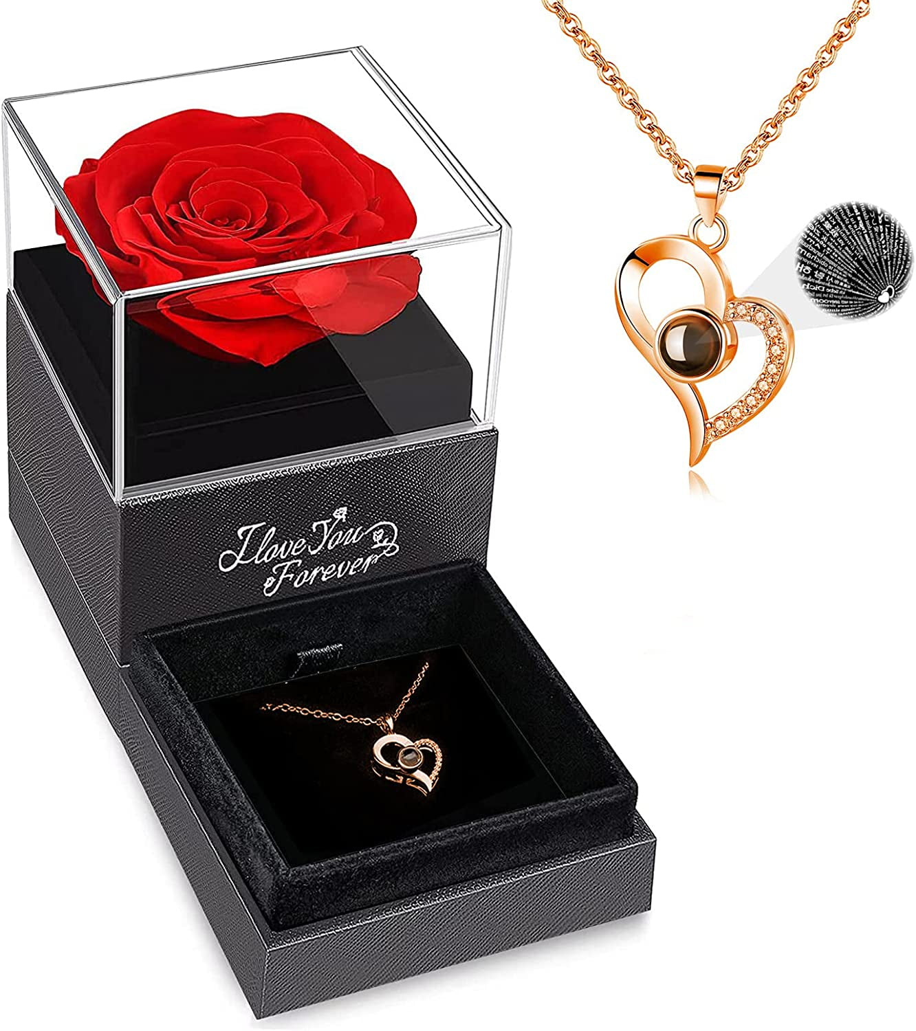 WILDLOVE Preserved Real Rose with I Love You Necklace, Valentines Day Gifts for Her, Forever Flowers Gifts for Women, Mom, Wife and Girlfriend, Anniversary Birthday Gifts for Women