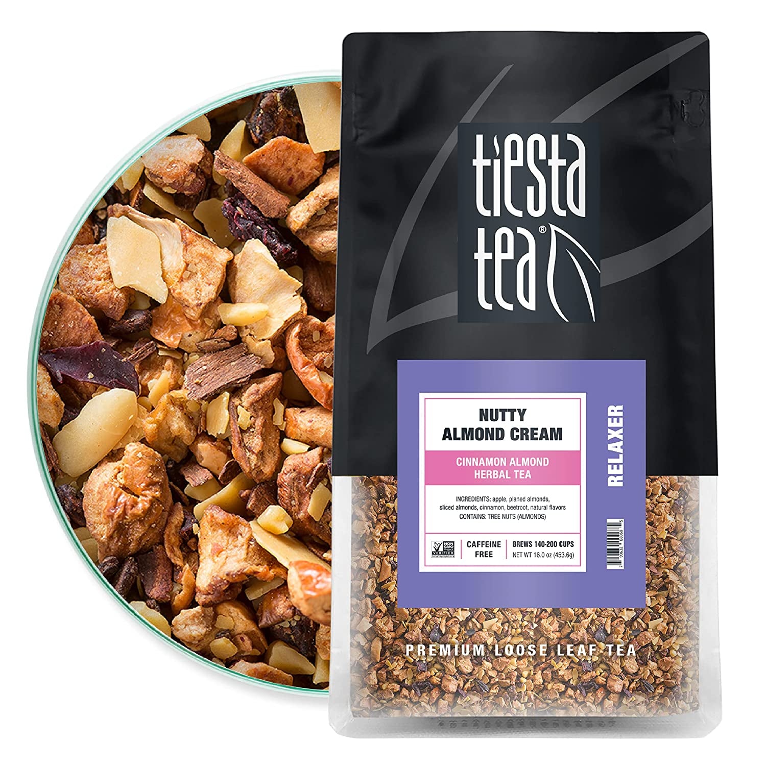 Tiesta Tea - Nutty Almond Cream, Cinnamon Almond Herbal Tea, Loose Leaf, up to 200 Cups, Make Hot or Iced, Non-Caffeinated, 16 Ounce Resealable Bulk Pouch