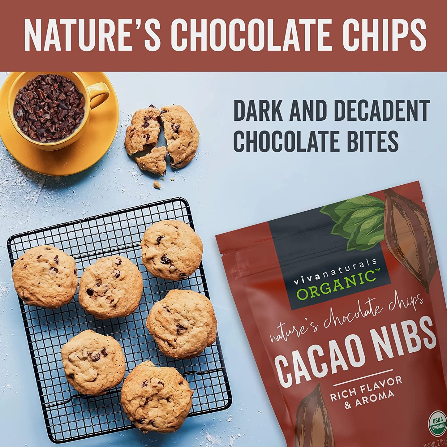 Viva Naturals Organic Cacao Nibs, 2 Lb Bag (907G) - Keto Friendly and Vegan Unsweetened Chocolate Chip Substitute, Perfect for Gluten Free Baking, Cacao Nib Smoothies and More, Non-Gmo and Gluten Free