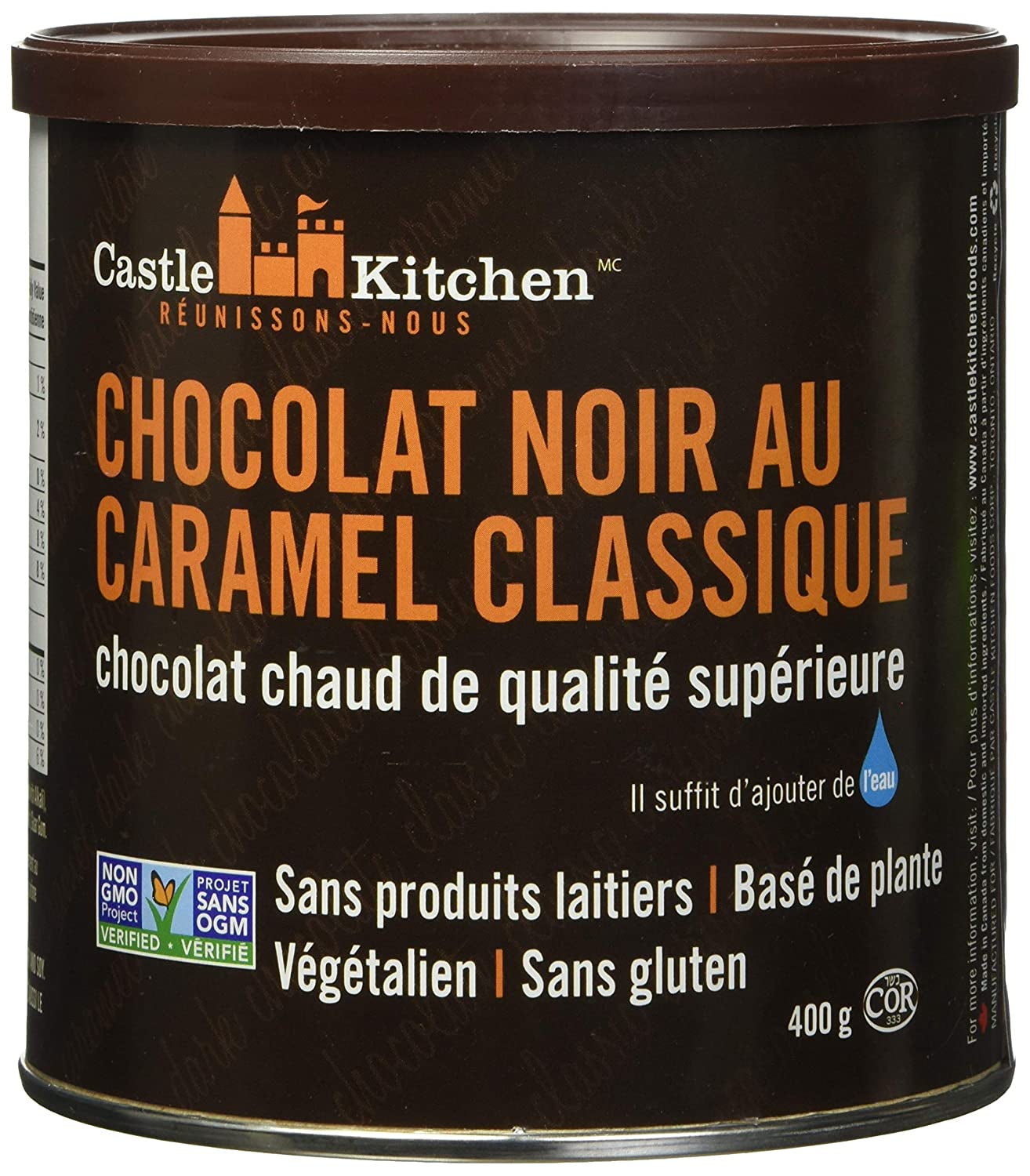 Castle Kitchen Classic Caramel Dark Chocolate Premium Hot Cocoa Mix - Dairy-Free, Vegan, Plant Based, Gluten-Free, Non-Gmo Project Verified, Kosher - Just Add Water - 14 Oz