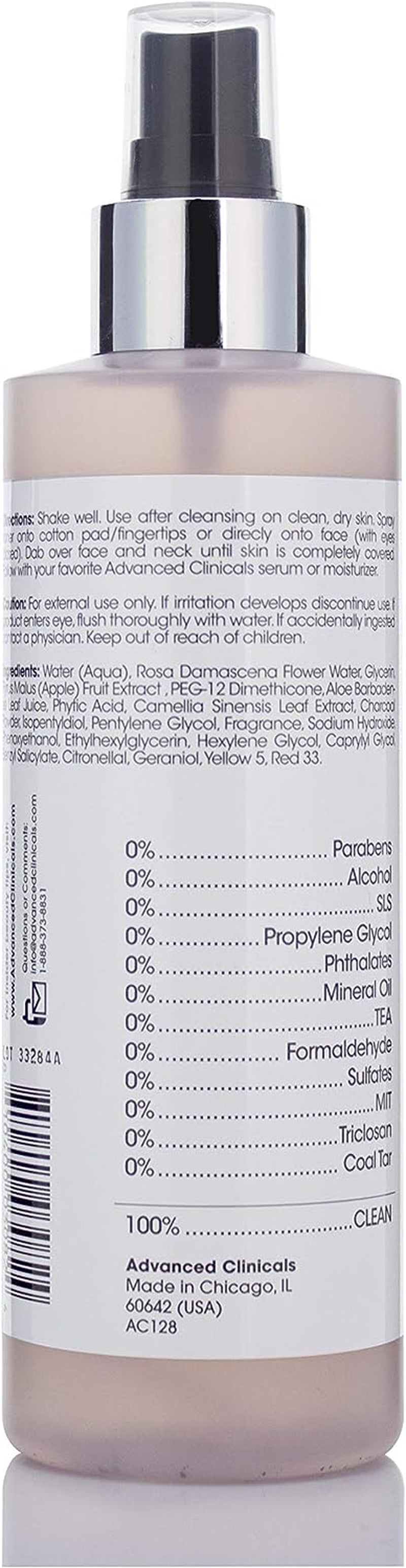 Advanced Clinicals Collagen + Rosewater Facial Mist Toner W/Charcoal & Aloe Vera. Alcohol-Free PH Balancing Formula Detoxifies & Hydrates Skin Improving Overall Skin Tone, Calming Face Mist, 8 Fl Oz