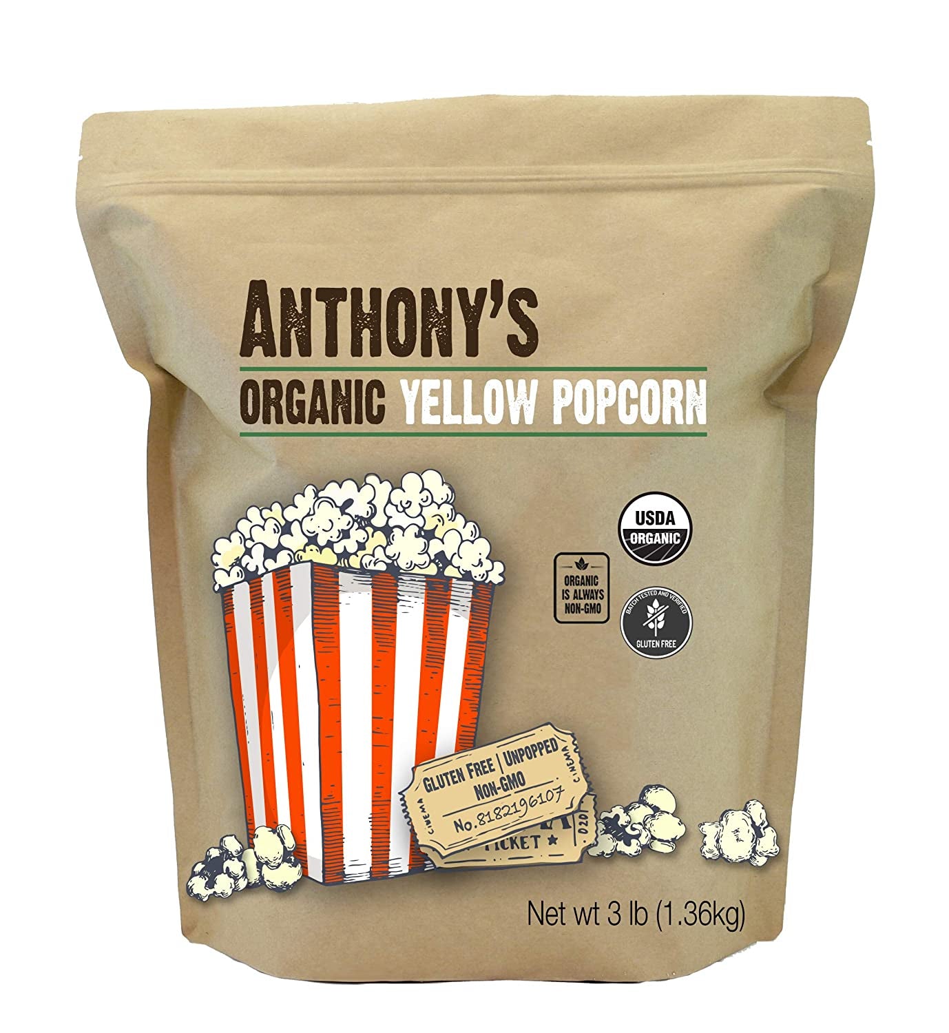 Anthony'S Organic Yellow Popcorn Kernels, 3 Lb, Unpopped, Gluten Free, Non GMO