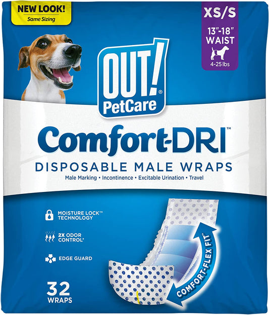 OUT! Pet Care Disposable Male Dog Wraps - Absorbent Male Wraps with Leak Proof Fit - Xs/Small (Waist 13-18In) - 32 Count