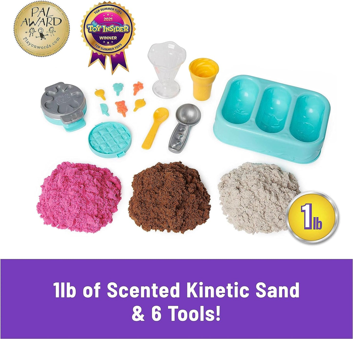 Kinetic Sand Scents, Ice Cream Treats Playset with 3 Colors of All-Natural Scented Play Sand & 6 Serving Tools, Sensory Toys, Christmas Gifts for Kids