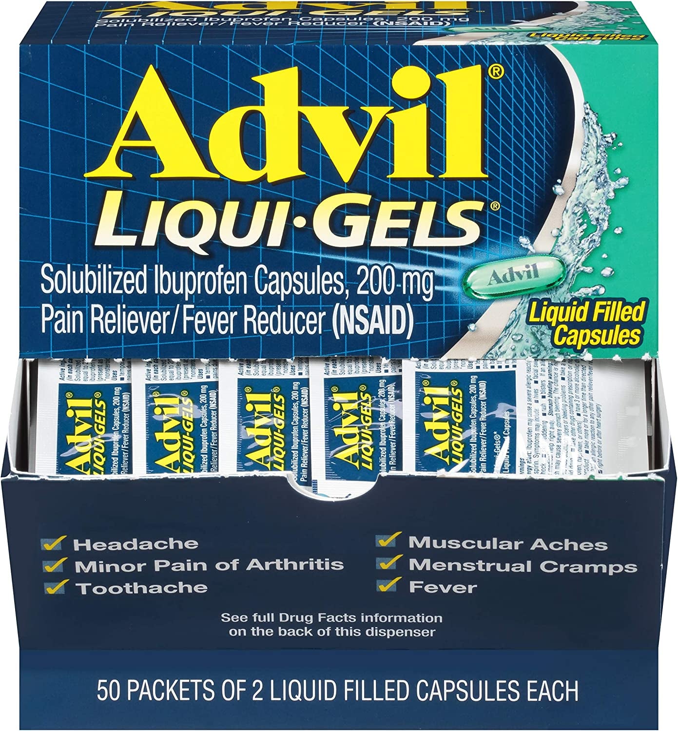 Advil Liqui-Gels Pain Reliever and Fever Reducer, Pain Medicine for Adults with Ibuprofen 200Mg for Headache, Backache, Menstrual Pain and Joint Pain Relief - 50X2 Liquid Filled Capsules