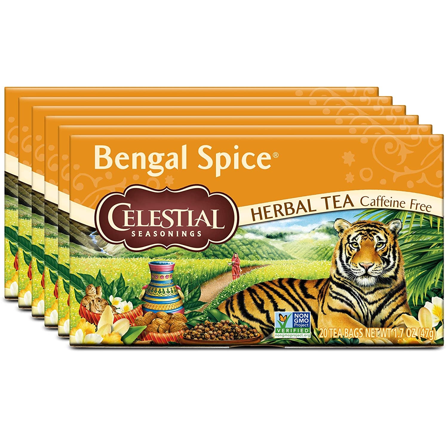 Herbal Tea, Bengal Spice, Caffeine Free, 20 Tea Bags (Pack of 6)