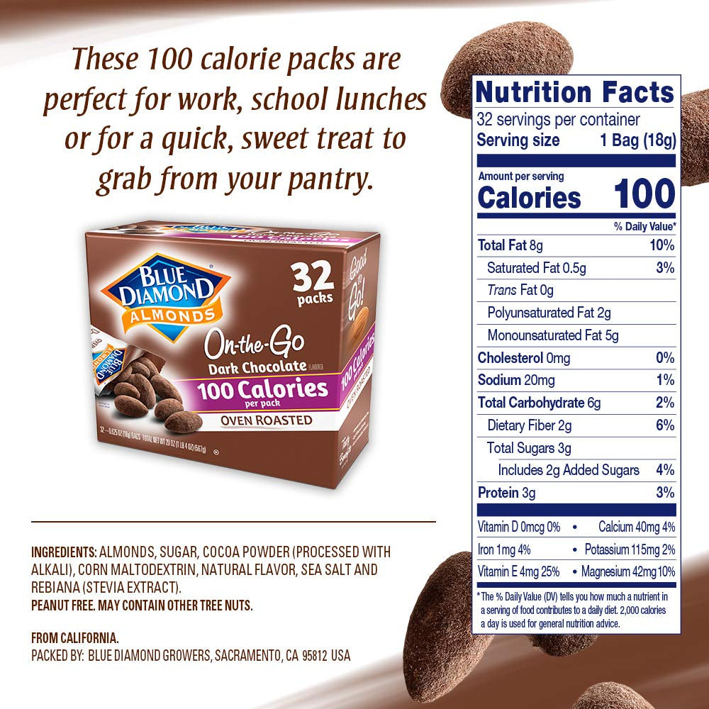 Blue Diamond Almonds Dark Chocolate Cocoa Dusted Snack Nuts, 100 Calorie Packs, 32 Count