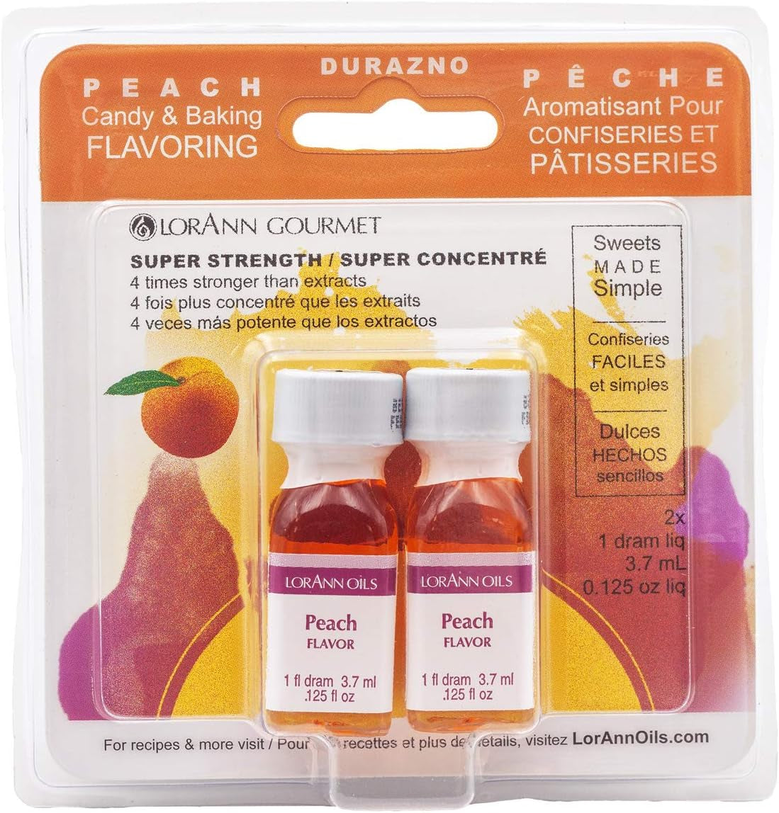 Lorann Peach SS Flavor, 1 Dram Bottle (.0125 Fl Oz - 3.7Ml - 1 Teaspoon) - Twin Pack Blistered