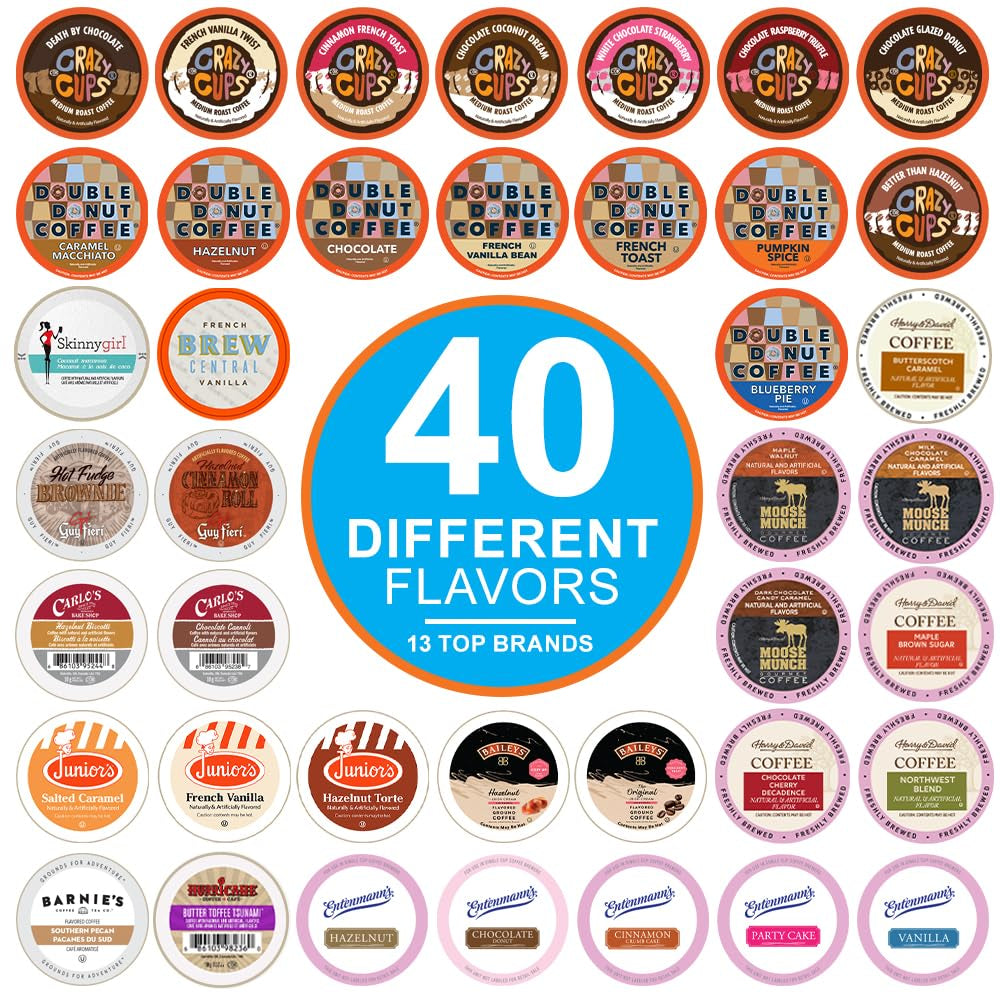 Crazy Cups Flavored Coffee Pods Variety Pack for Keurig K Cups Brewers, Assorted Flavored Coffee Sampler, 40 Count